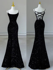 Sexy Mermaid Spaghetti Straps Sequin Black Long Prom Dresses