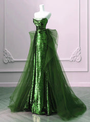 A-line Green Sequins and Tulle Long Prom Dresses Green Evening Dresses Formal Dresses