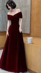 Spring Long Luxury Elegant Wine Red Soft Velvet Evening Party Wedding Dresses for Women Off Shoulder Maxi Dress