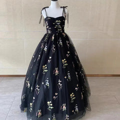 Luxury Floral Embroidery Long Black Prom Evening Dresses Women Summer Party Formal Occasions Reception Dresses