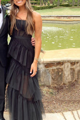 Black Prom Dress, Elegant A-line Layered Tulle Prom Dresses,Sheer Corset Long Evening Dress