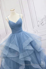 Shiny Blue Tulle A-Line Spaghetti Straps Long Prom Dresses