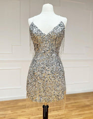 Silver V-Neck Glitter Sequin Homecoming Dress With Tassel