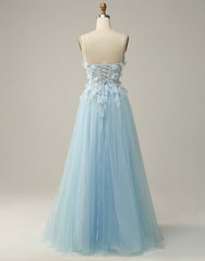 Sky Blue A-Line Spaghetti Straps Tulle Prom Dress With 3D Appliques