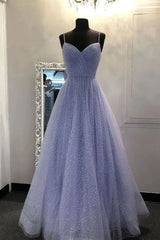 Sparkly Tulle Lavender Formal Prom Dresses with Spaghetti Strapes