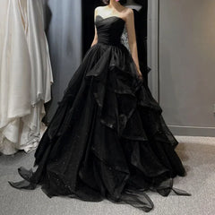 Black Elegant Party Prom Dresses Strapless Tiered Draped Ball Gown Formal Dresses Women Robe