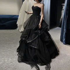 Black Elegant Party Prom Dresses Strapless Tiered Draped Ball Gown Formal Dresses Women Robe