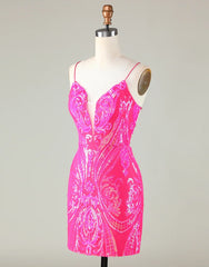 Sparkly Hot Pink Spaghetti Straps Tight Sequins Homecoming Dress