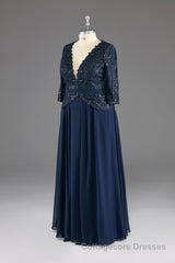 Navy V-Neck Long Sleeves Lace Appliques Chiffon Prom Dress