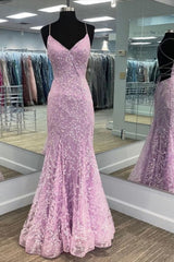 V Neck Backless Mermaid Purple Lace Long Prom Dresses, Mermaid Purple Formal Dresses, Purple Lace Evening Dresses