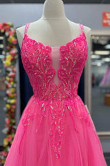 V Neck Hot Pink Backless Lace Prom Dresses, Open Back Hot Pink Lace Formal Evening Dresses