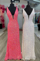 V neck Sequin Mermaid Long Prom Dress