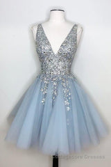 Blue V Neck Homecoming Dress With Beadings