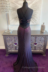 Dark Purple Lace-Up Back Mermaid Prom Dress with Beading