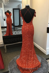 Orange Sparkly Spaghetti Straps Sequins Long Prom Dress with Slit