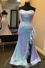 Plus Size Light Blue Sweetheart Mermaid Sequins Long Prom Dress with Feathers