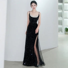 Spaghetti Strap Two Tone Sequin Slit Panel Mesh A-Line Evening Gown