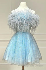 Light Blue A-Line Strapless Homecoming Dress with Feathers