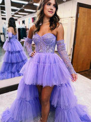 A-Line Asymmetrical Strapless Tiered Tulle Prom Dresses