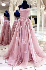 A Line Backless Pink Floral Long Prom Dresses,Formal Graduation Evening Dresses Gala Dresses