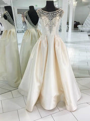 A-Line Bateau Backless Ivory Satin Beading Long Prom Dresses