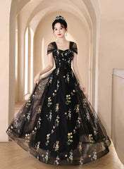 A-line Black Floral Tulle Floor Length Prom Dresses, Off the Shoulder Evening Party Dresses