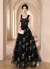 A-line Black Floral Tulle Floor Length Prom Dresses, Off the Shoulder Evening Party Dresses