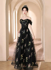 A-line Black Floral Tulle Floor Length Prom Dresses, Off the Shoulder Evening Party Dresses