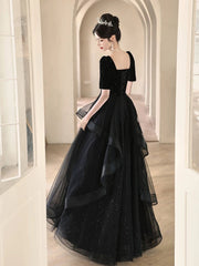 A-line Black Layers Short Sleeves Prom Dresses, Black Velvet and Tulle Party Dresses