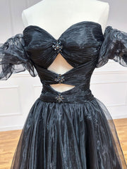 A-Line Black Organza Long Prom Dresses