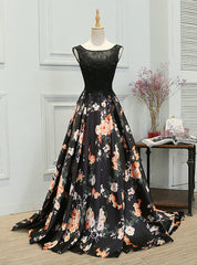 A-line Black Print Prom Dresses