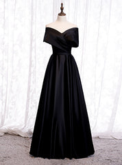 A-Line Black Satin Off the Shoulder Pleats Prom Dresses