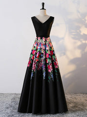 A-line Black Satin Print Prom Dresses