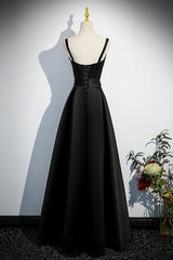 A-line Black Satin Straps Long Formal Dresses, Black Simple Prom Dresses