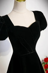 A-line Black Short Sleeves Velvet Long Party Dresses, Black Simple Bridesmaid Dresses