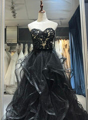 A-line Black Sweetheart Tulle Layers Long Party Dress, Black Tulle Prom Dress