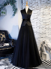 A-Line Black Tulle Satin V-neck Prom Dresses With Sash