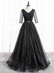 A-Line Black Tulle Sequins V-neck Short Sleeve Prom Dresses