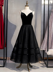 A-Line Black Tulle Spagehtti Straps Tulle Tea Length Prom Dresses