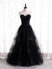 A-Line Black Tulle Sweetheart Prom Dresses