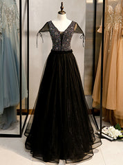 A-Line Black Tulle V-neck Cap Sleeve Beading Prom Dresses