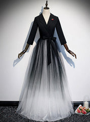 A-Line Black Tulle V-neck Long Sleeve Prom Dresses