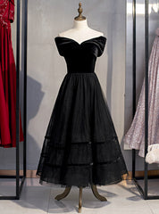 A-Line Black Tulle Velvet Off the Shoulder Tea Length Prom Dresses