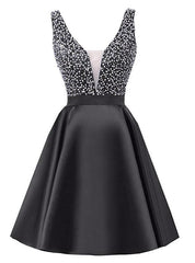 A-Line Black V-neck Backless Satin Beading Sequins Homecoming Dresses