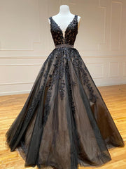 A Line Black V Neck Lace Long Prom Dresses