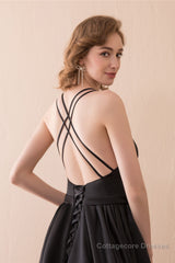 A-Line Black V-neck Satin Backless Trail Prom Dresses