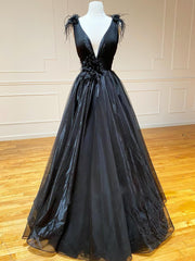 A Line Black V Neck Tulle Long Prom Dresses