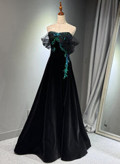 A-line Black Velvet and Tulle Off Shoulder Party Dress, Black Long Prom Dress