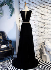 A-Line Black Velvet Backless Prom Dresses With Beading