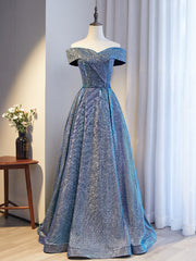 A-Line Blue Off the Shoulder Prom Dresses